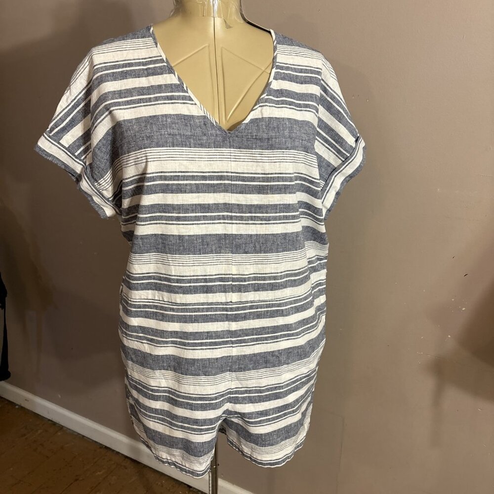 Madewell Romper Blue White Stripes Cuffed Short Sleeves Pockets V Neck Sz L